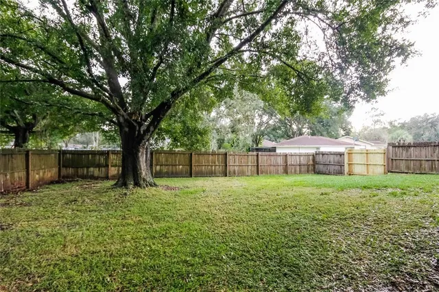 a view of a backyard with large trees and wooden fence