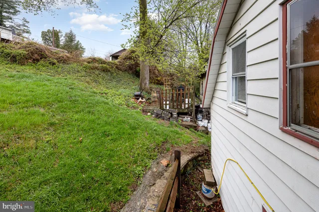 a view of a yard with plants and a table and chairs