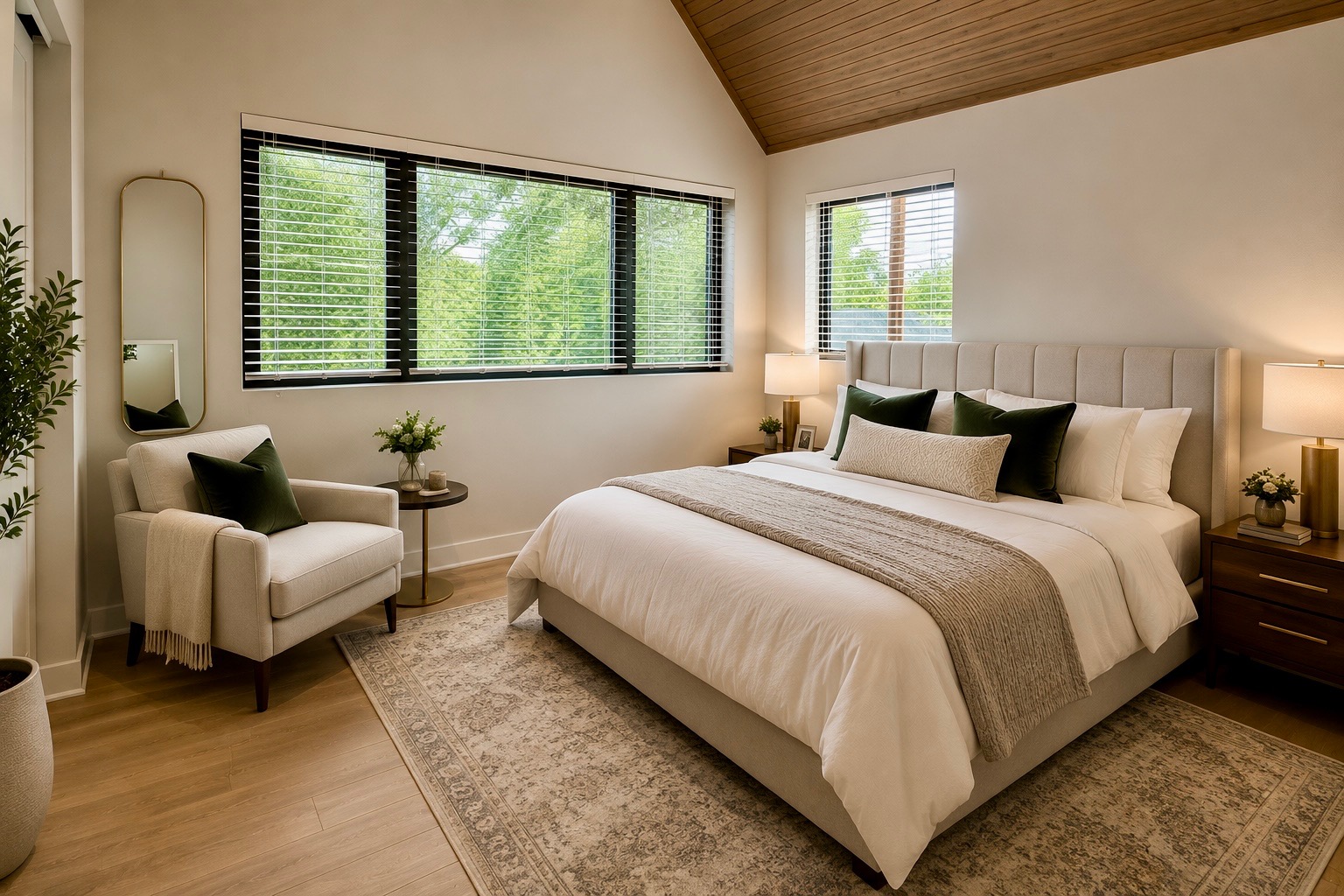 114 Lightsey Road, Unit 2 Austin, TX 78704 - Photo 8 of 14 Natural light floods this primary bedroom featuring a striking wood-paneled vaulted ceiling.