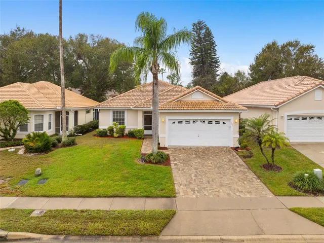 a view of a white house with a yard plants and palm trees