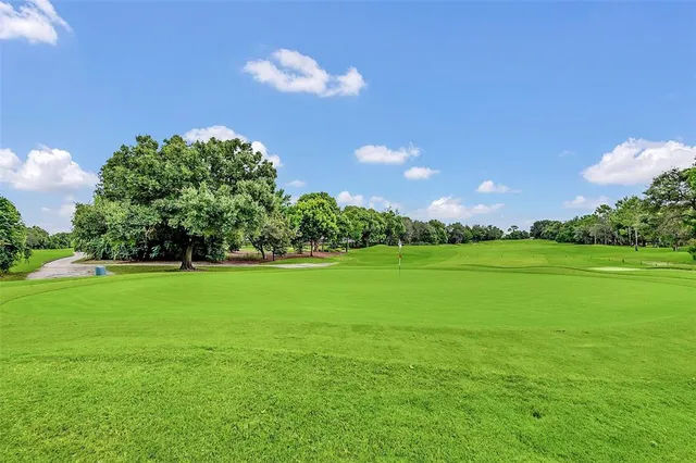 a view of a golf course with a lake