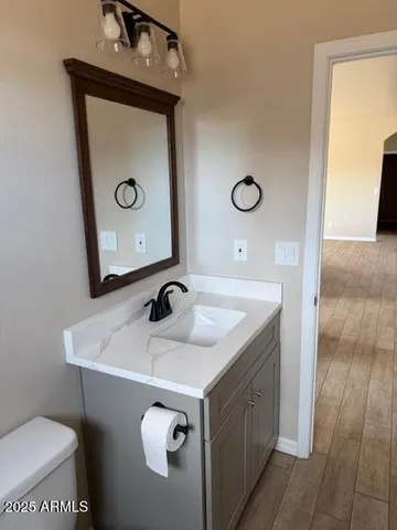 a bathroom with a sink toilet and mirror