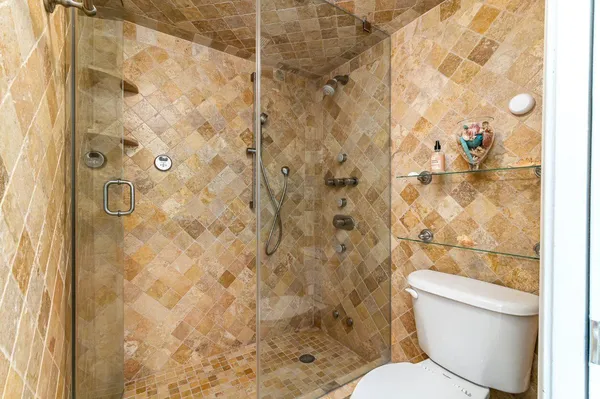 a white toilet sitting next to a shower curtain