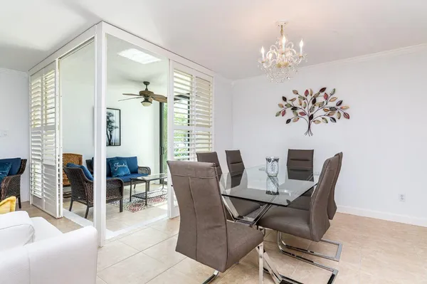 a view of a dining room with furniture