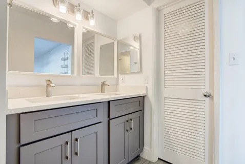a bathroom with a sink double vanity and a mirror
