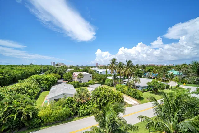 a view of a patio with table and chairs potted plants and palm trees