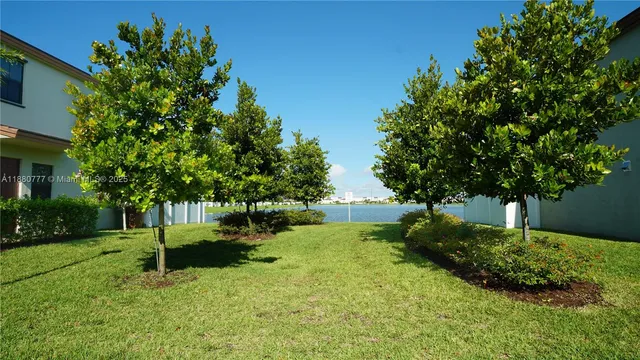 a view of a lake with a outdoor space