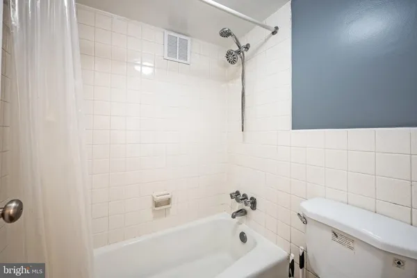 a bathroom with a bathtub and a toilet