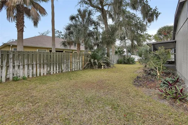 a view of a yard with plants and trees