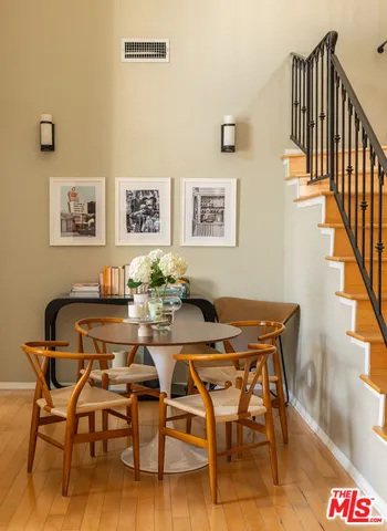a view of a dining room with furniture
