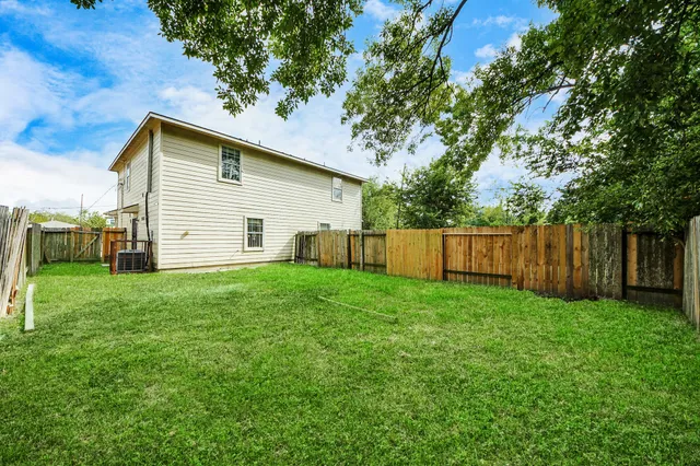 a view of a backyard with plants and large tree