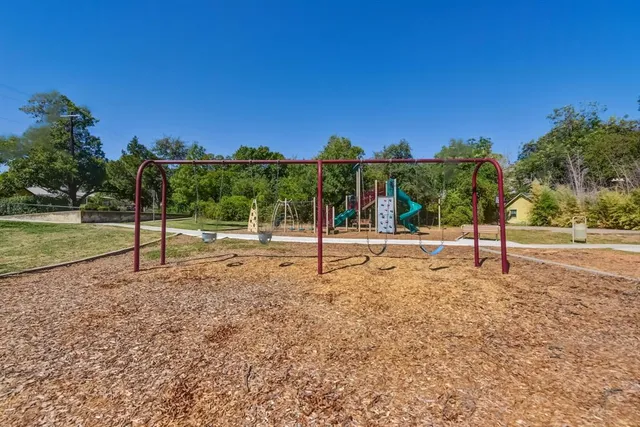 a view of a park with large trees