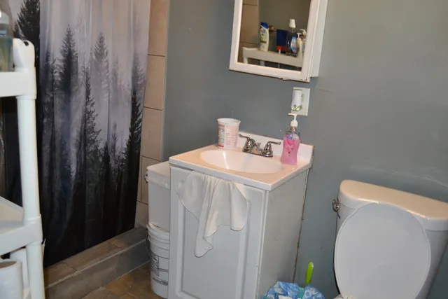 a bathroom with a bathtub and a toilet