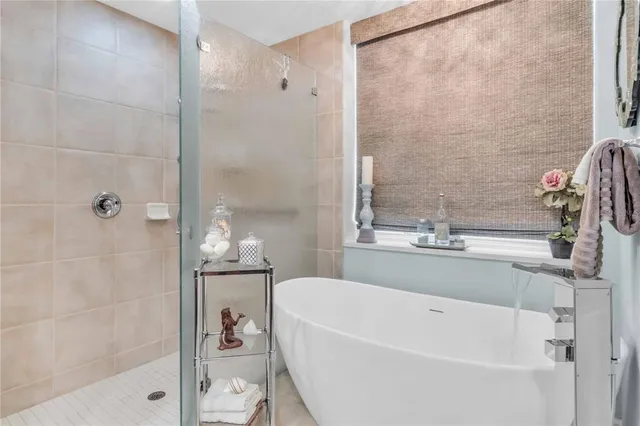 a bathroom with a bathtub and a shower