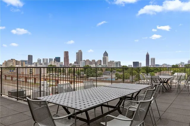 a view of a terrace with city view