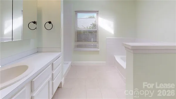 a bathroom with a tub sink and mirror