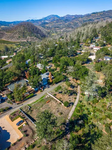 an aerial view of residential houses with outdoor space and trees