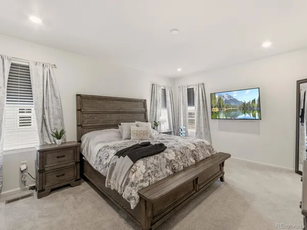 a bedroom with a bed and a flat screen tv