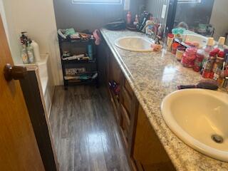 6806 North County Road 1630 Shallowater, TX 79363 - Photo 18 of 40 a bathroom with a granite countertop sink a mirror and tub