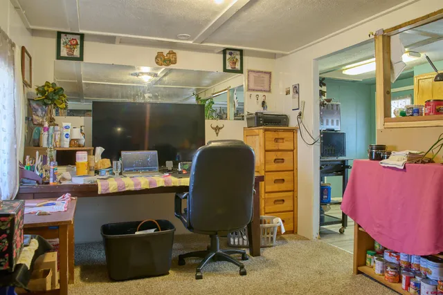 a workspace with cabinets