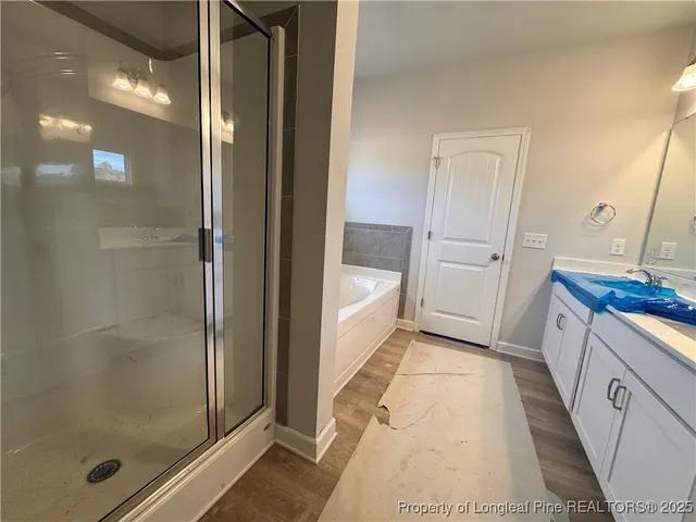 a bathroom with a bathtub and a shower