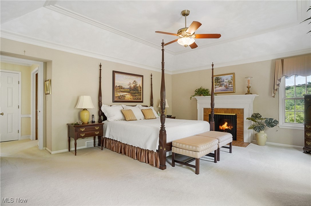 4432 Ira Road Akron, OH 44333 - Photo 22 of 50 Bedroom with light carpet, a fireplace, ornamental molding, baseboards, and a tray ceiling