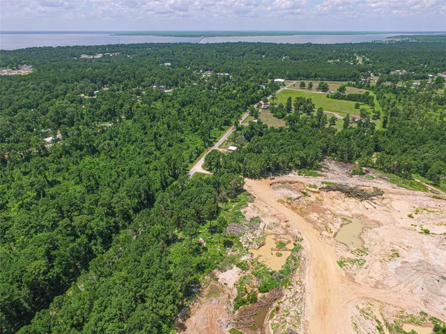 an aerial view of residential houses with outdoor space and trees
