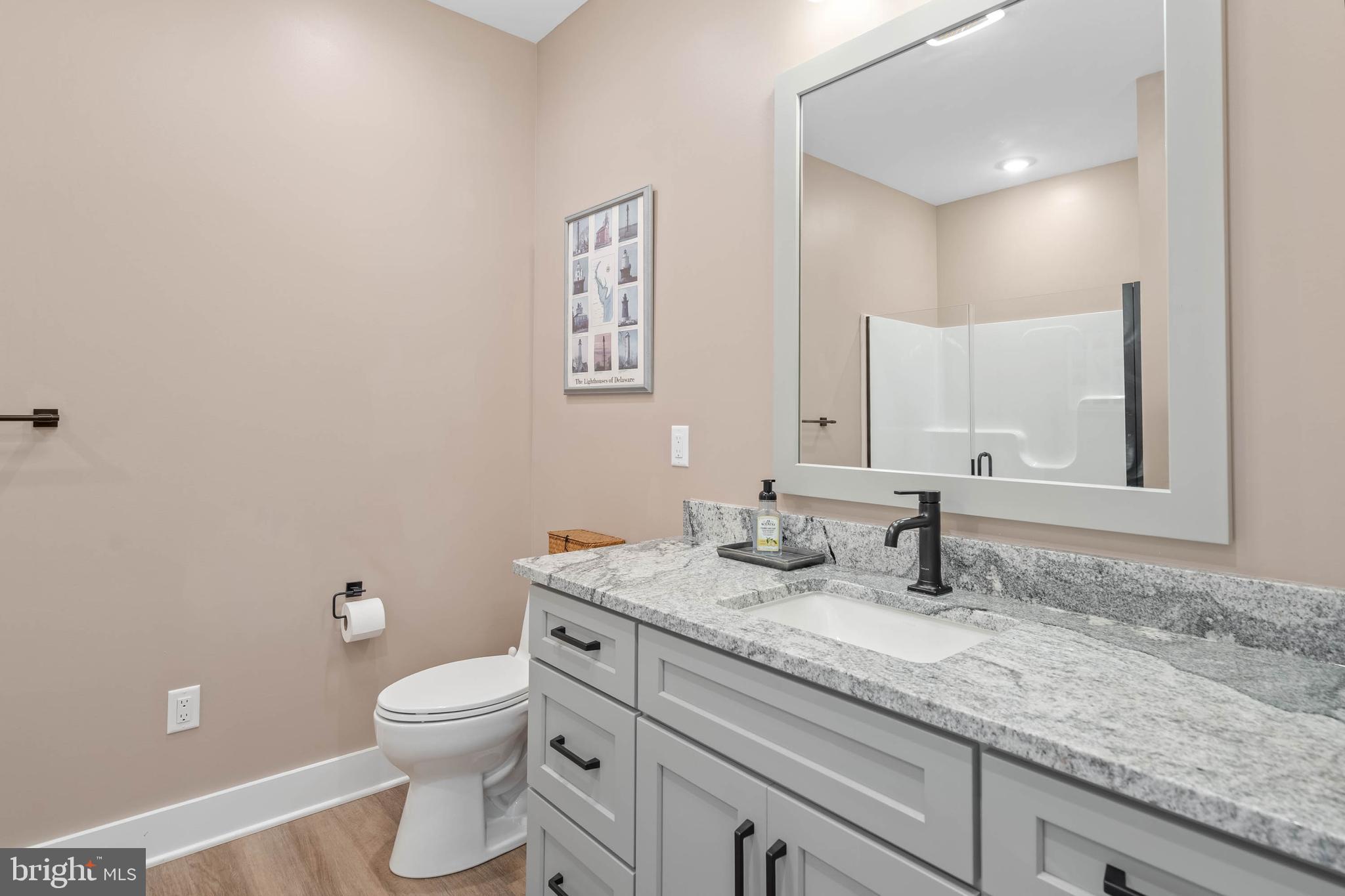 38155 Muddy Neck Road Ocean View, DE 19970 - Photo 12 of 67 a bathroom with a granite countertop toilet sink and mirror
