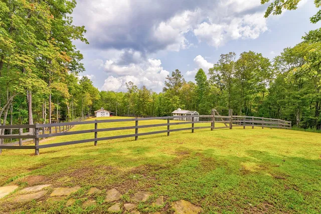 a aerial view of a house with a yard and large trees