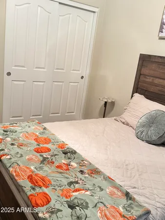 a bedroom with a bed and walk in closet