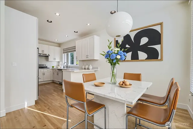 a kitchen with a table and chairs in it