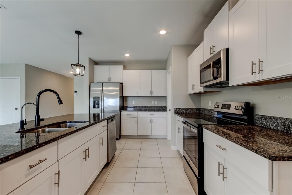 31592 Barrel Wave Way Wesley Chapel, FL 33545 - Photo 9 of 62 a kitchen with granite countertop white cabinets and stainless steel appliances