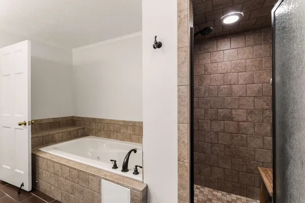 a bathroom with a bathtub and a shower