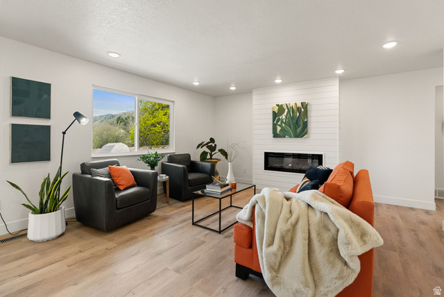 368 Spring Creek Road Providence, UT 84332 - Photo 7 of 45 Living area with light wood-type flooring, a fireplace, recessed lighting, and a textured ceiling