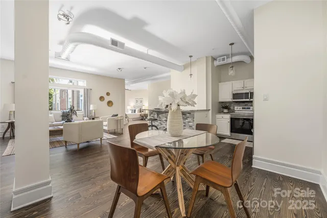 a view of a dining room with furniture