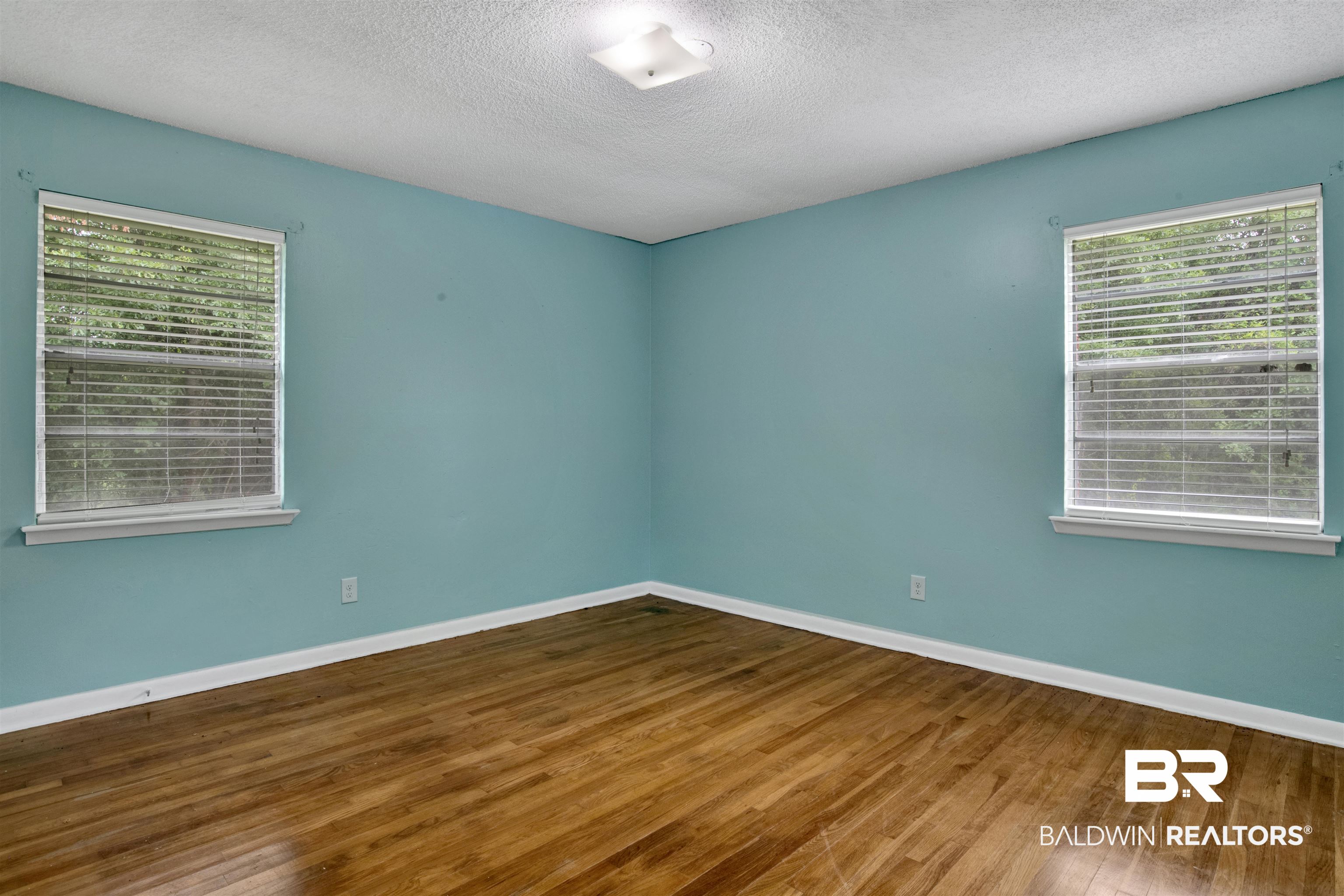 17714 Horseneck Road Bay Minette, AL 36507 - Photo 19 of 36 Interior room with wood-finish flooring, light blue wall paint, white baseboards, and two windows with blinds