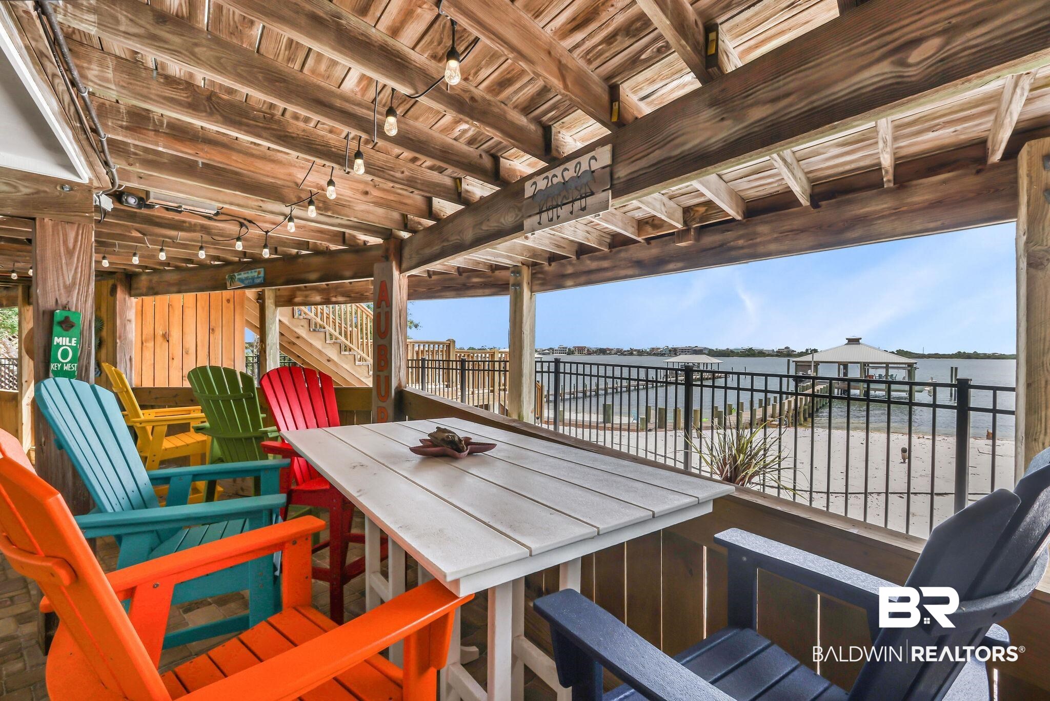 32130 River Road Orange Beach, AL 36561 - Photo 33 of 51 View of patio / terrace featuring view of water and beach, outdoor dining space, and stairs