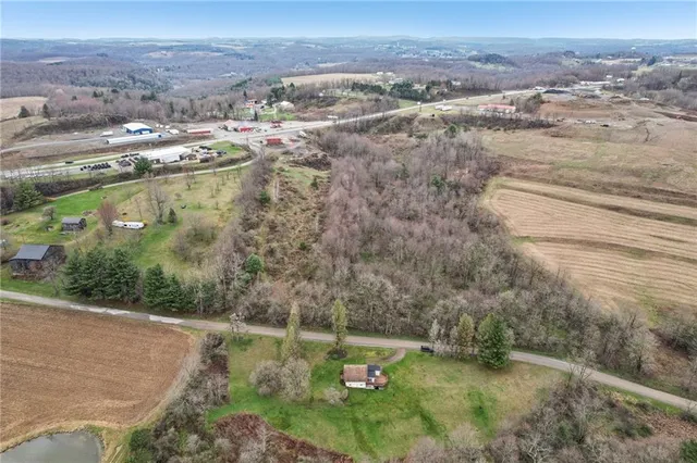 an aerial view of residential houses with outdoor space and trees