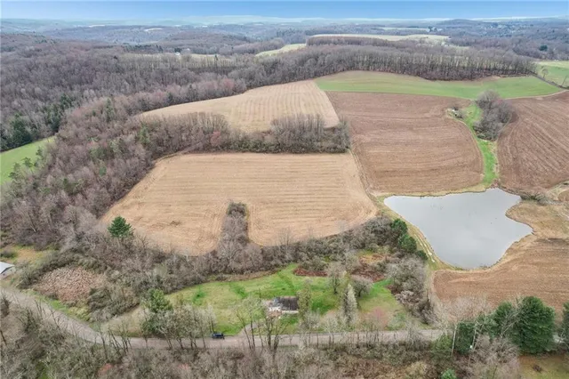 an aerial view of a house with a yard and trees