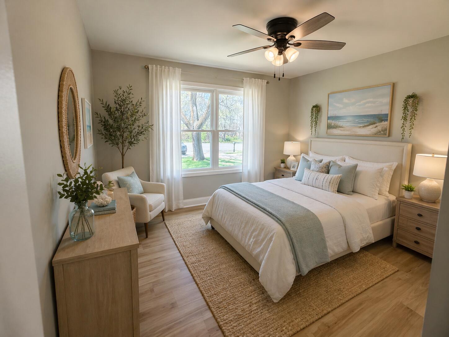 415 North Grand Boulevard Gary, IN 46403 - Photo 18 of 45 a bedroom with a large bed and a chandelier fan