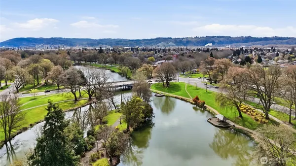 an aerial view of green landscape with trees houses and mountain view