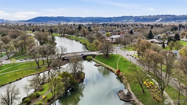 an aerial view of green landscape with trees houses and lake view