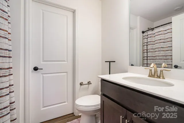 a bathroom with a sink a toilet and shower curtain