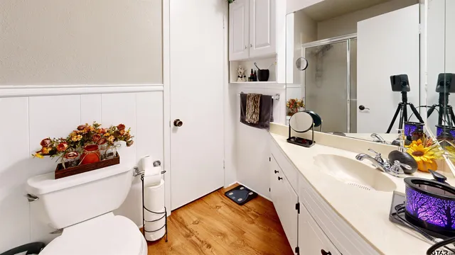 a bathroom with a sink a toilet and shower curtain