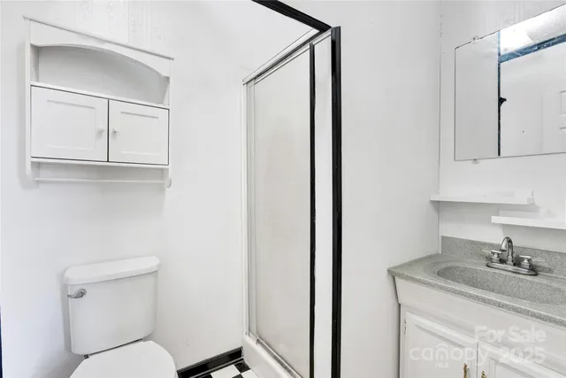 a bathroom with a granite countertop toilet sink and mirror