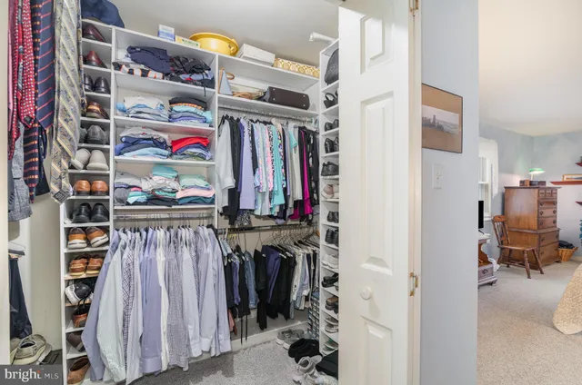 a view of walk in closet with clothes and shoes