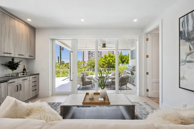 a living room with furniture and a potted plant