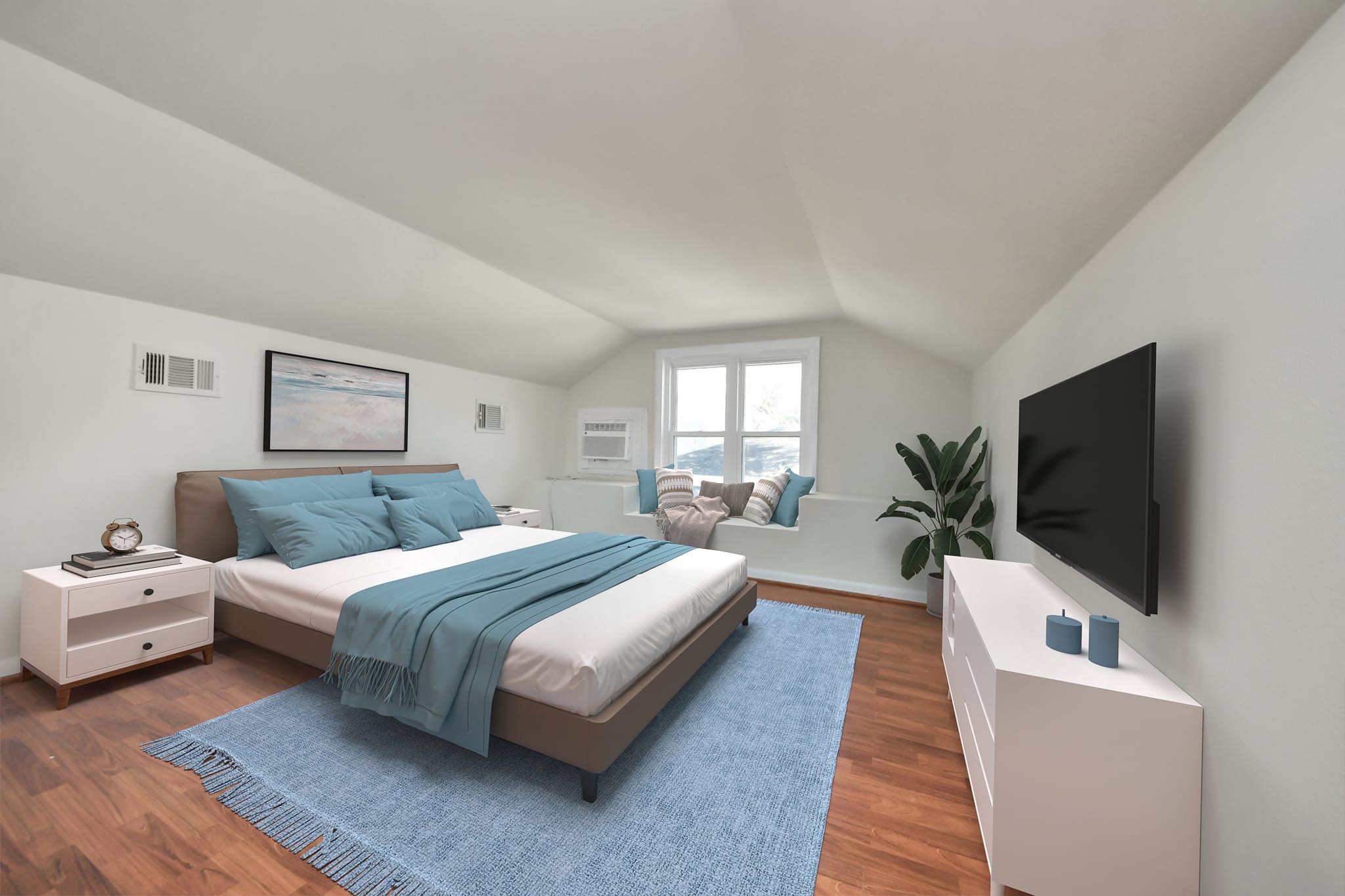 516 Eleanor Street Houston, TX 77009 - Photo 22 of 25 Upstairs space virtually staged as a bedroom with a built-in window bench.