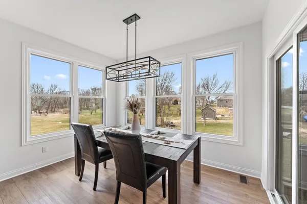 a view of a dining room with furniture window and wooden floor