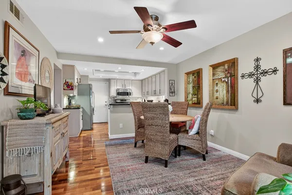 a view of a dining room with furniture